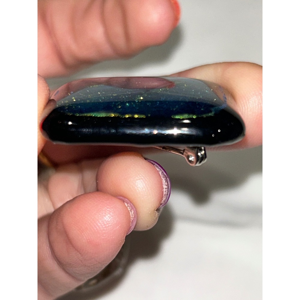 Dichroic Fused Glass Brooch Square Gold Green Teal Shimmer Artisan Pin 1.5" - Picture 3 of 5